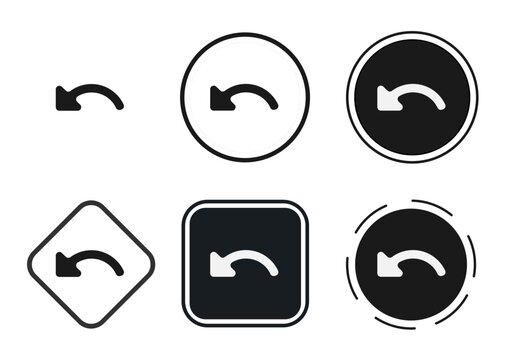 Road safety vector icon set featuring left turn arrows in various shapes for traffic sign design
