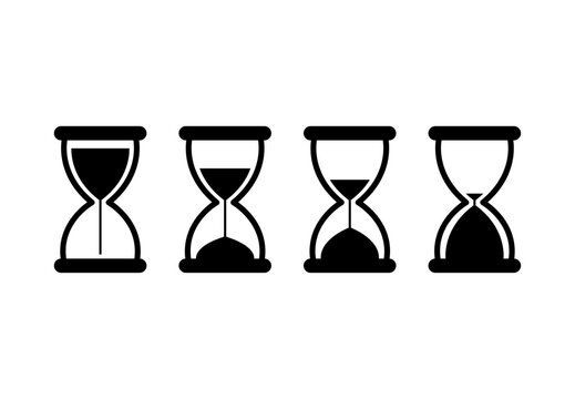 Time management icon set featuring hourglass stages, sand flow, and productivity clock vector for business presentations