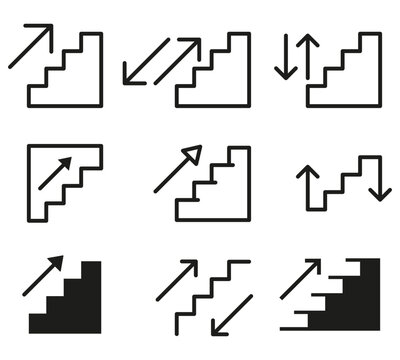 Educational icons showing directional arrows with staircases for learning process and progress illustration
