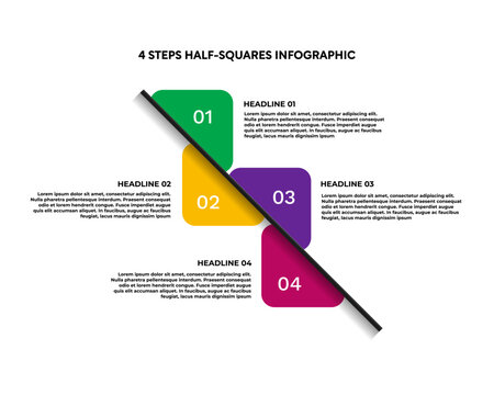 Creative process infographic featuring four half-square steps, diagonal arrow, and vibrant color blocks for presentation slide design