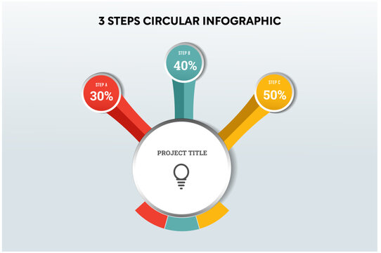 Project management circular infographic with percentage steps, lightbulb icon, and color-coded progress bars for business presentations and reports.