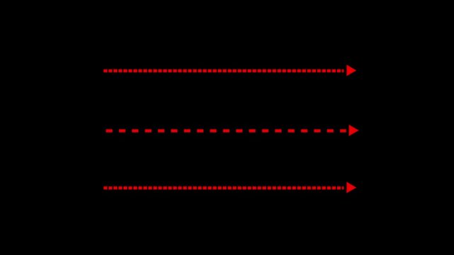 Glowing red HUD flow icon featuring three parallel horizontal dashed lines with solid directional arrowheads extending across a black background. Animated red alert data transfer indicator.