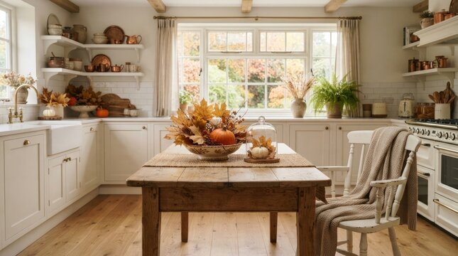 A cozy kitchen features a large, rustic island with a wooden tabletop and a farmhouse sink.