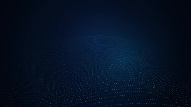 A futuristic abstract motion graphic featuring a flowing 3D wave of glowing digital particles on a deep dark blue background, representing big data, t.