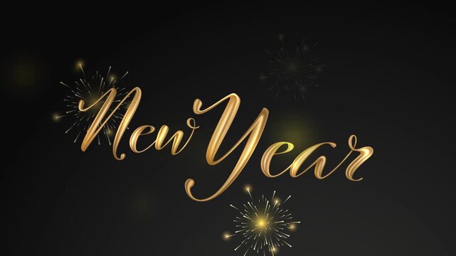 Elegant Golden Happy New Year Lettering with Sparkling Fireworks on Black Background 4K Motion Graphics Animation
