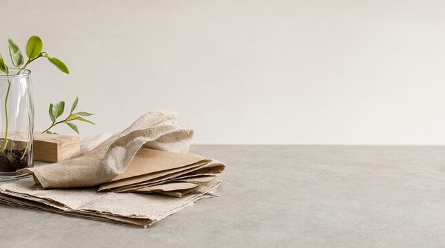 Minimalist eco sustainability mock up with recycled paper and organic linen beside herbal vase setup