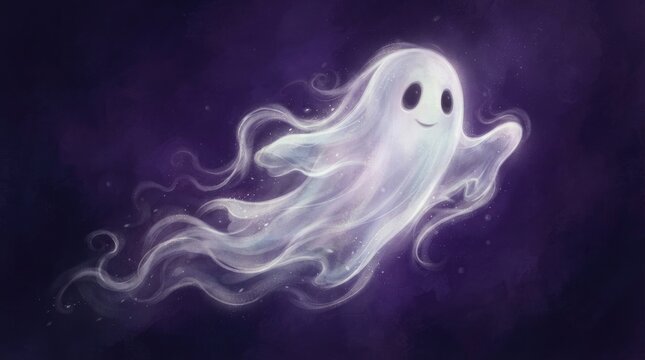 A friendly ghost floats in a dark purple background. The ethereal spirit has long, flowing wisps of smoke around it.