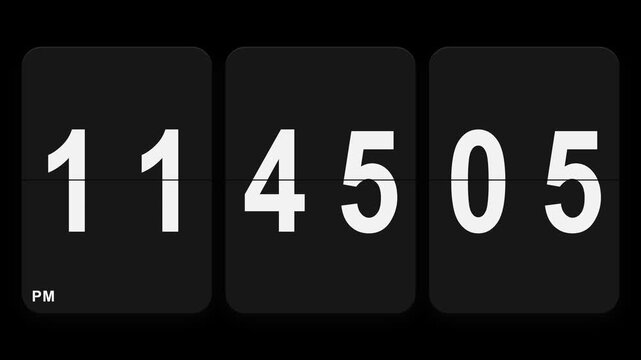 Premium microstock mechanical flip clock transition displaying 11:45:00 ticking up seamlessly to 11:45:07. Features a highly realistic 3-panel split-f.