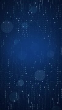 Binary Code Rain Vertical Motion Background 4K Seamless Loop: Falling Digital Numbers on Dark Blue