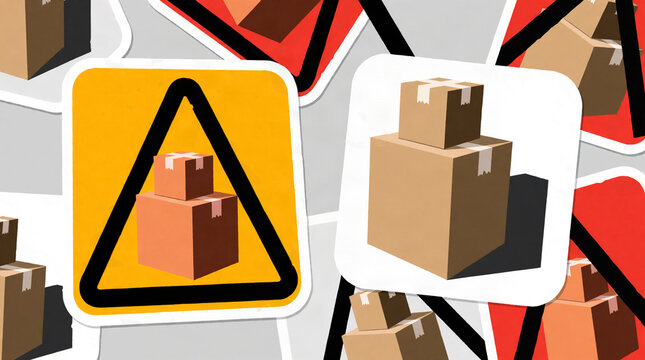 Warning sign with cardboard box illustration on bright background