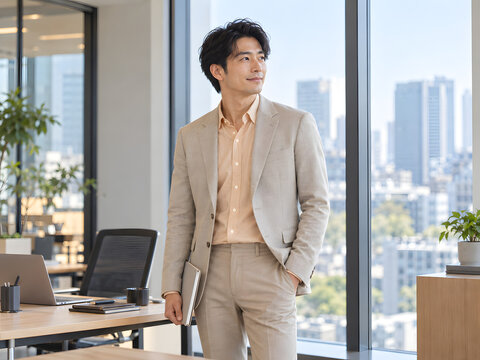 ビジネスの現場で信頼感を伝えるベージュのジャケット姿の男性 ノートを手に穏やかに微笑み都市を望むオフィスの窓辺に立つ自然光の仕事風景