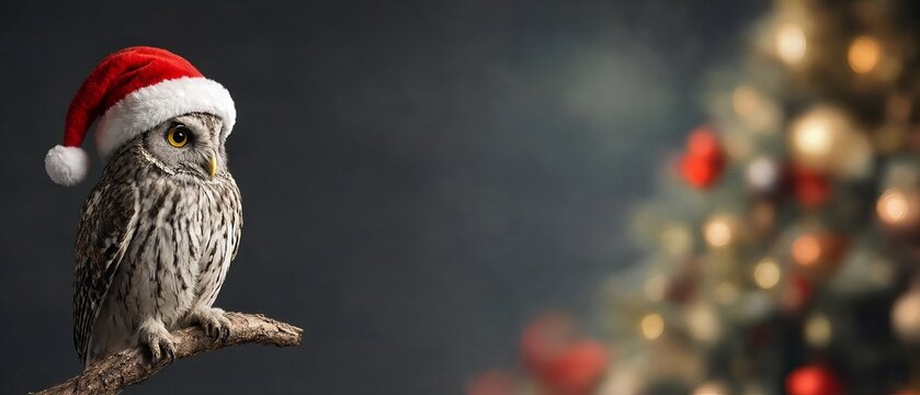 A majestic owl wearing a Santa hat perched on a tree branch with blurred glowing Christmas lights