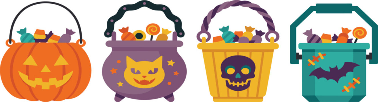 Set of four colorful halloween candy buckets with festive designs