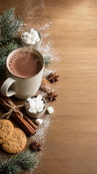 Steaming Hot Cocoa Mug with Holiday Treats, Cookies, and Spices on Rustic Wood Table Decorations