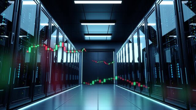 Stock market candlestick charts in a data center, 3D animation.