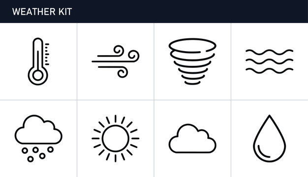 Weather icons set with thermometer, wind, tornado, waves, rain cloud, sun and water drop