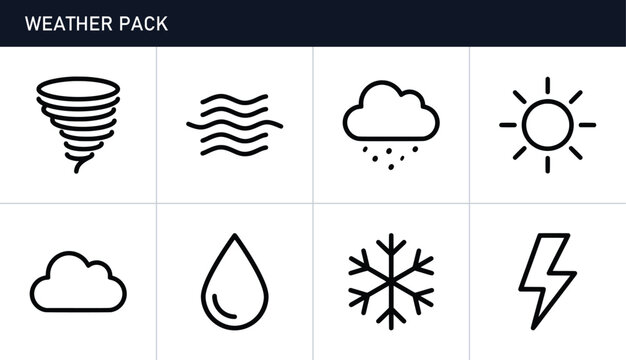 Weather icons set with tornado, wind, rain, sun, cloud, water drop, snowflake and lightning for meteorology