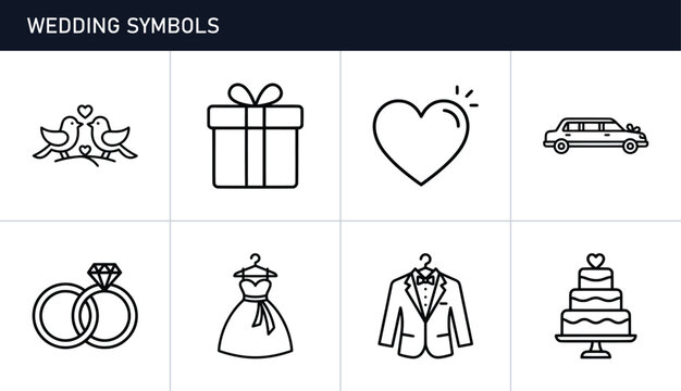Wedding symbols set with rings, dress, tuxedo and cake for marriage celebration