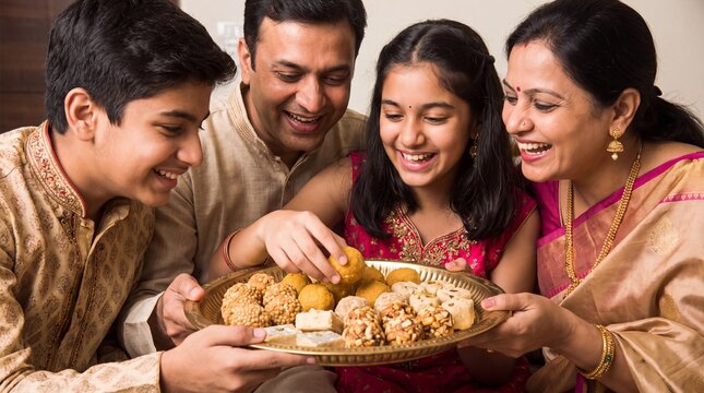 Indian family sharing sweets during Diwali celebration with joyful