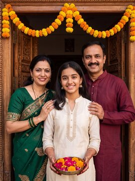 Indian Family Celebrating Diwali with Traditional Attire and Rangoli