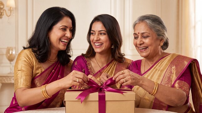 Women Celebrating Traditional Indian Gift Opening with Gold Jewelry