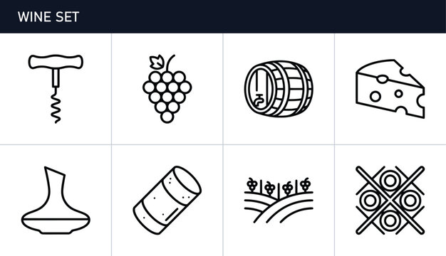 Wine icons set with corkscrew, grapes, barrel, cheese, decanter, cork and vineyard for tasting