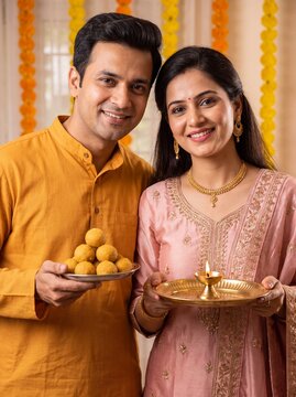 Diwali couple holding traditional sweets and lit oil lamp in festive