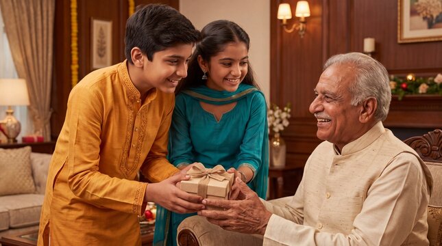 Diwali gift exchange with happy Indian grandfather and grandchildren