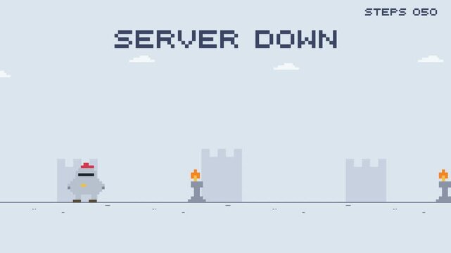 Pixel Art Knight Endless Runner Game with Medieval Castle Silhouettes, Armor Obstacles and Server Down Theme