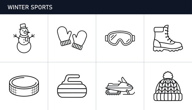 Winter sports icons set with snowman, mittens, goggles, boot, puck, curling stone, snowmobile and hat for design