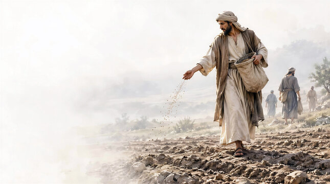 The Parable of the Sower. Biblical story religious concept. Artistic minimalist art with copy space.