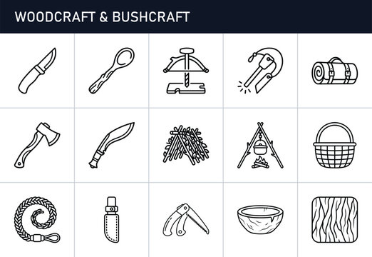 Woodcraft and bushcraft set with tools and shelter icons, survival and camping