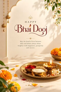 Traditional Bhai Dooj Greeting Poster with Brass Diya and Floral Decor