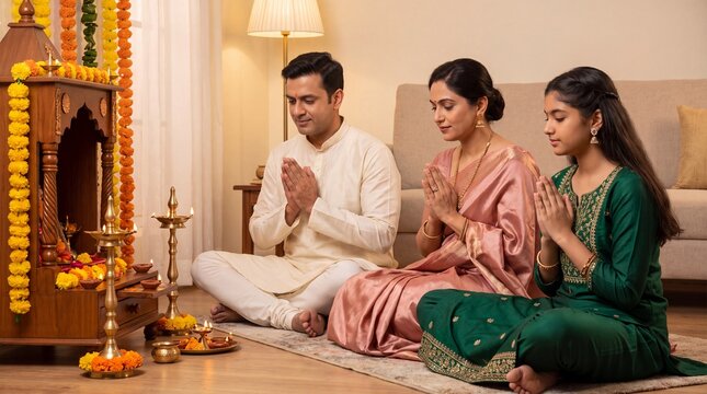 Family Celebrating Diwali with Prayer and Traditional Diya Lamp on
