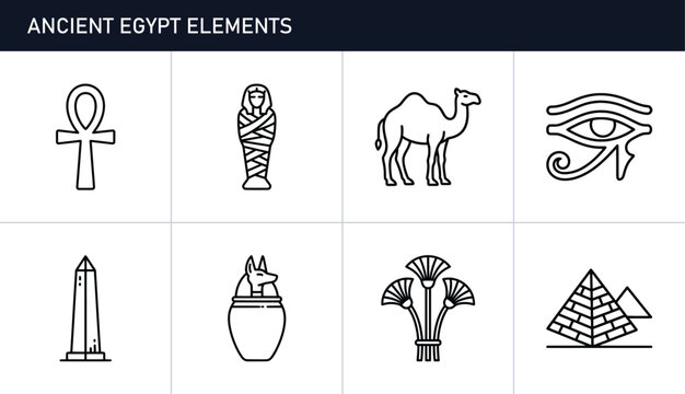 Ancient Egypt elements set with ankh, mummy, camel, Eye of Horus, obelisk, canopic jar, lotus flower and pyramid for travel and culture
