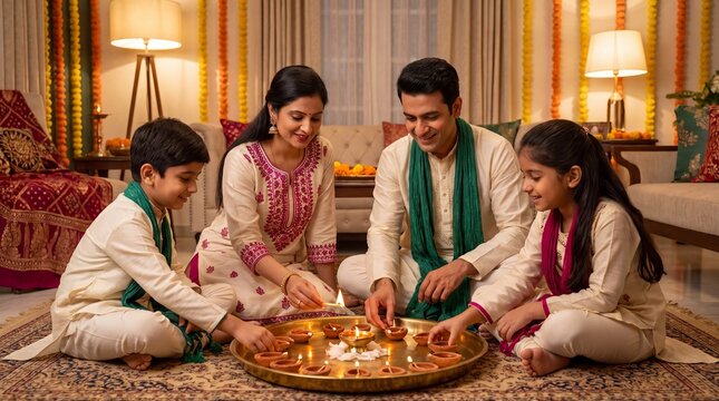 Diwali family performing traditional aarti ritual with oil lamp and