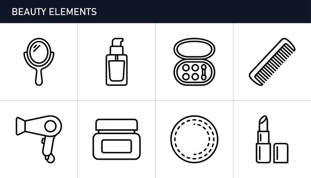 Beauty and cosmetic line icons set with mirror, hair dryer, comb, lipstick and makeup
