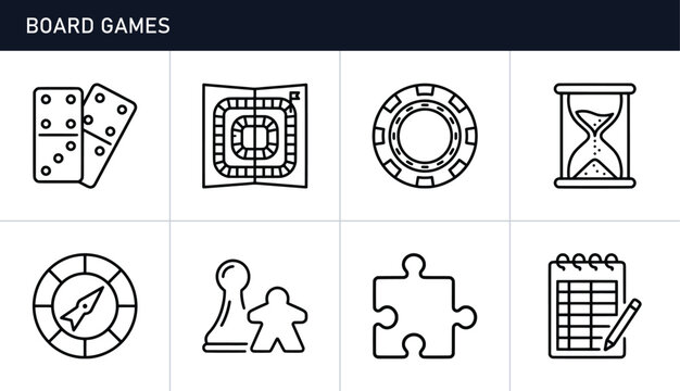 Board games icons set with dominoes, dice, hourglass and puzzle piece for leisure