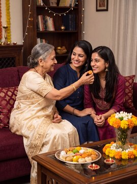 Diwali celebration with grandmother feeding sweets to granddaughter