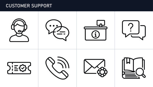 Customer support icons set with headset, chat bubbles, desk, ticket and book for service