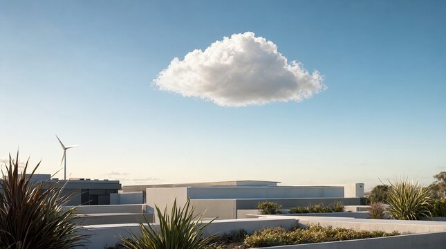 Minimalist Sustainable Business Landscape With Architectural Rooftop Gardens and Leaf Shaped Cloud