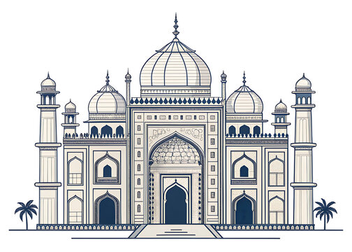 Indian royal architectural composition featuring palace gate, domes, archways, jali windows, and carved columns, premium vector illustration, sophisticated minimal flat design