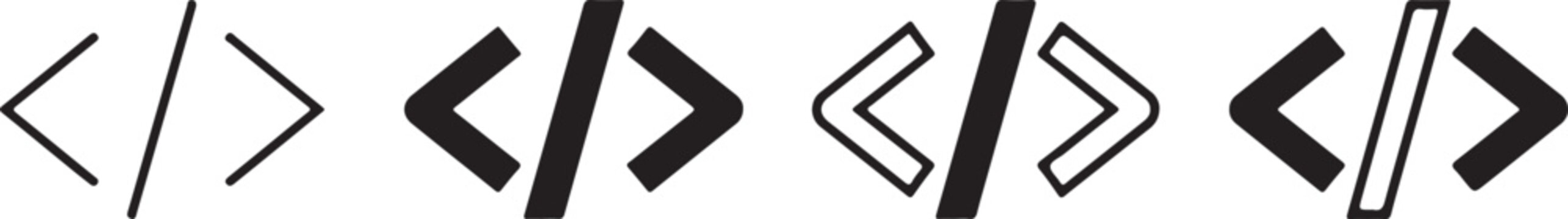 Code brackets icon set, programming syntax symbols, web development tags, vector illustration