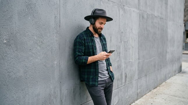 A stylish man with a beard and hat leans against a concrete wall while listening to music with headphones and using his smartphone outdoors
