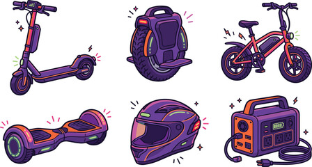 Electric Micro Mobility Vector Icon Set with E-Scooter, Unicycle, E-Bike, Hoverboard, Safety Helmet, and Portable Power Station in Cyberpunk Neon Style © lalit