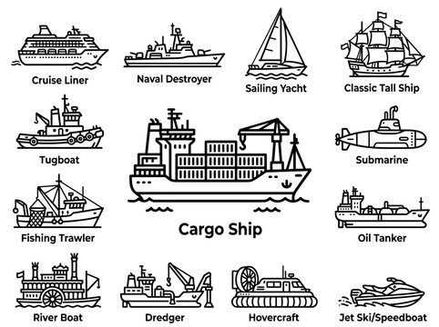 Set of Ship Icons: Cruise Liner, Cargo Ship, Yacht, Submarine, Tugboat