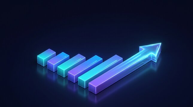 Modern 3D bar chart with vibrant neon illumination and an upward trending arrow representing corporate prosperity and financial success in a high-tech environment.
