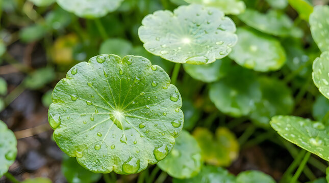 A detailed close up view of lush vibrant green gotu kola plant leaves displaying prominent veins and glistening water droplets in their