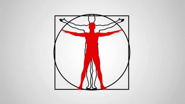 Abstract Human Proportions with red and blue Vitruvian man silhouettes inside geometric circles and squares, ideal for medical documentaries or scientific educational content.
