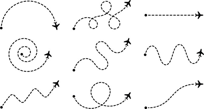 Set of airplane flight paths, dashed lines showing travel routes with aircraft icons